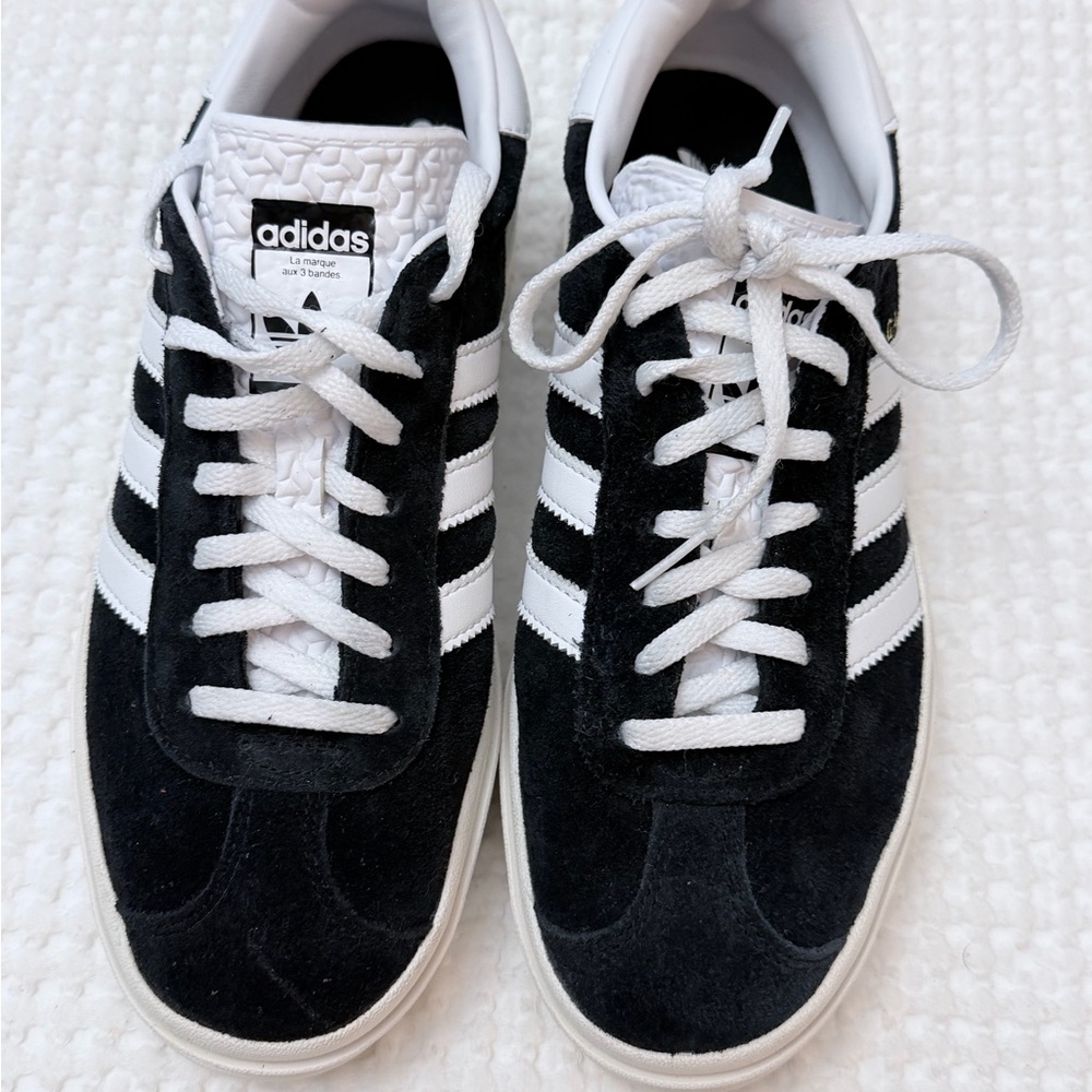 Adidas Gazelle Bold Black Suede and Cloud White Women’s Platform Sneakers - Picture 2 of 9